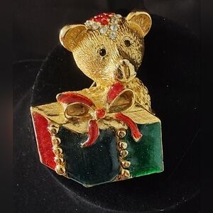 Vintage AS Adorable Bear Brooch Done In Gold Tone With Red And Green Enamel
